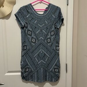 Parker Frost Topaz Geometric Beaded Cap Sleeve Sheath Cocktail Dress XS